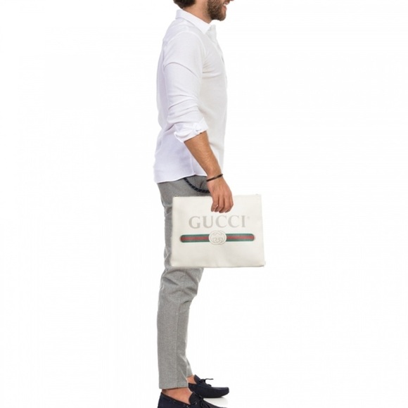 Gucci Cream Logo Zip Up Leather Suede Large Portfolio Pouch Clutch - Picture 2 of 16